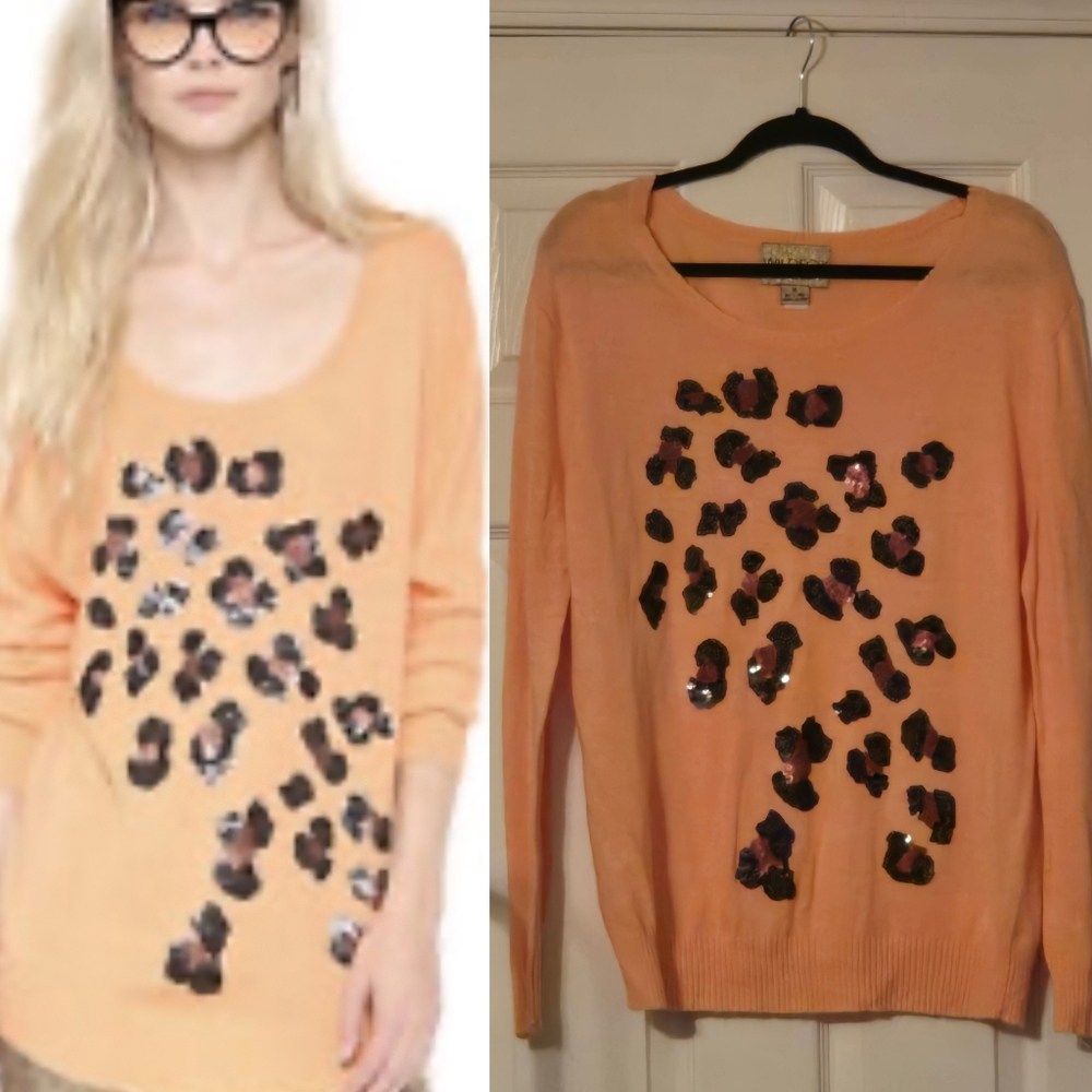 Wildfox White Label Peach Sequin Leopard Sweater Medium